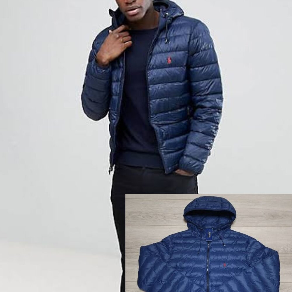 Ralph Lauren Men’s Blue Hooded Puffer Jacket Packable Down Duck Feather